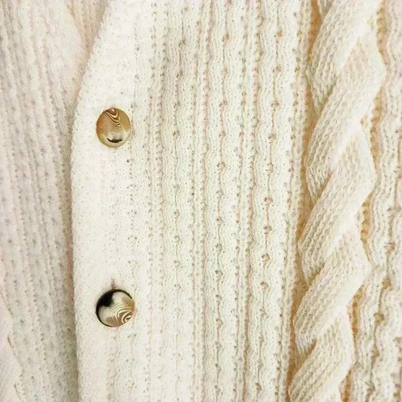 Vintage 70s Wool Blend Cardigan Women XL | Cable Knit Grandpa Sweater Ivory - Picture 5 of 11